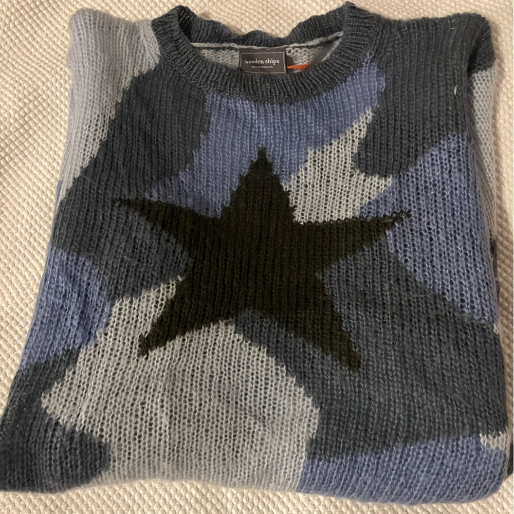 Wooden Ships Womens M Sweater Mohair Wool Knit Camo Star Purple Grey Blue Print